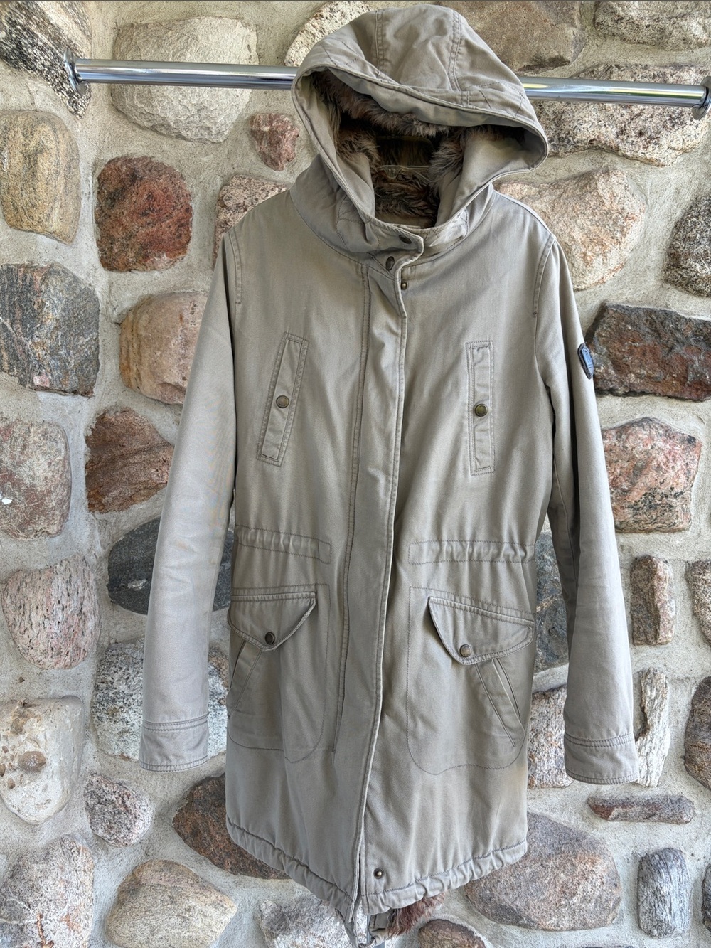ONLY Kaki Hooded Trench Coat with Faux-Fur full Lining